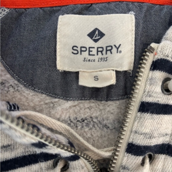 Sperry Hoodie Women’s 1/4 Zip Pullover Size Small Kangaroo Pocket Striped Navy - Picture 3 of 7